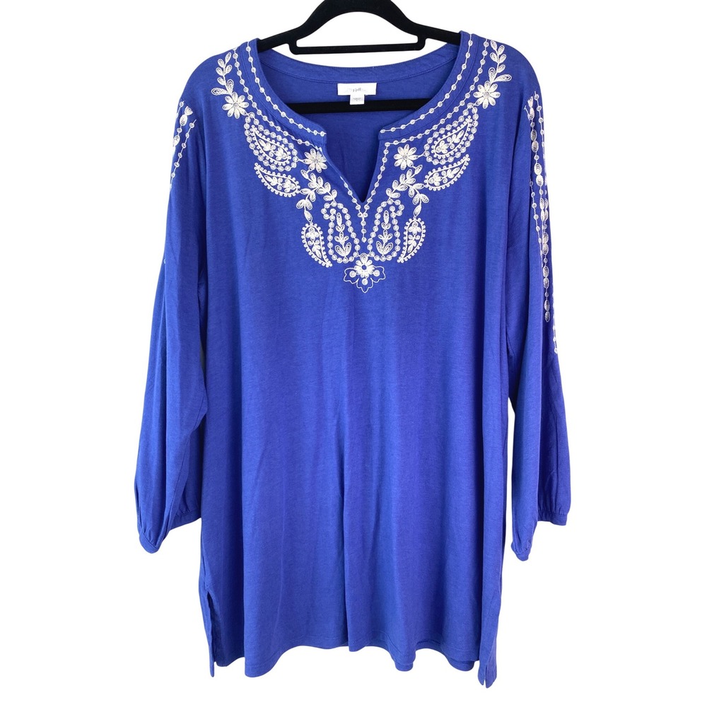 J Jill Embroidered Tunic Top L Blue White Floral 3/4 Sleeve Coastal Split Neck